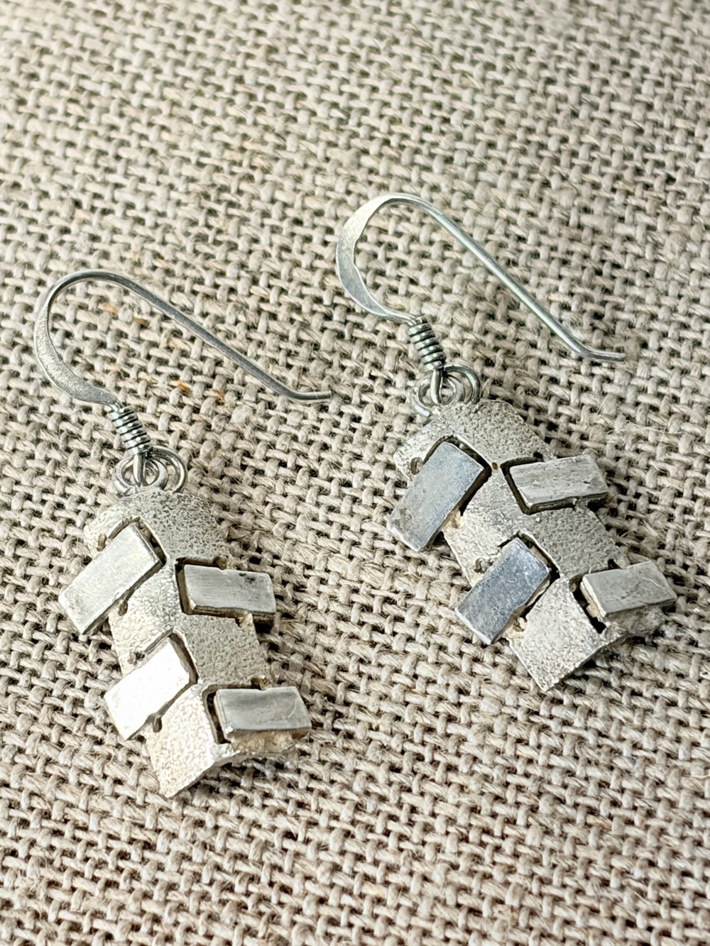 Sterling Silver Marked 925 Geometric Interlocked Sculptural Drop Earrings